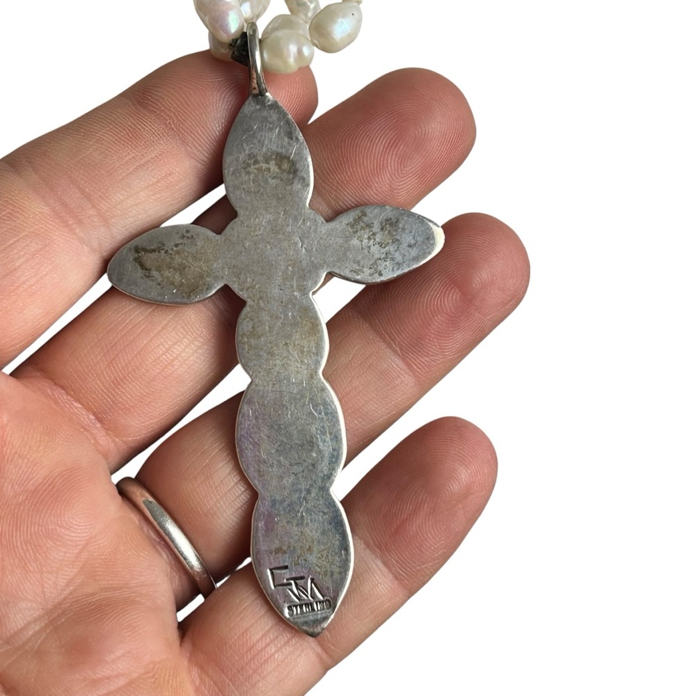 Handmade Sterling Silver Cross Pendant Necklace w/ Freshwater Pearls - Picture 3 of 5